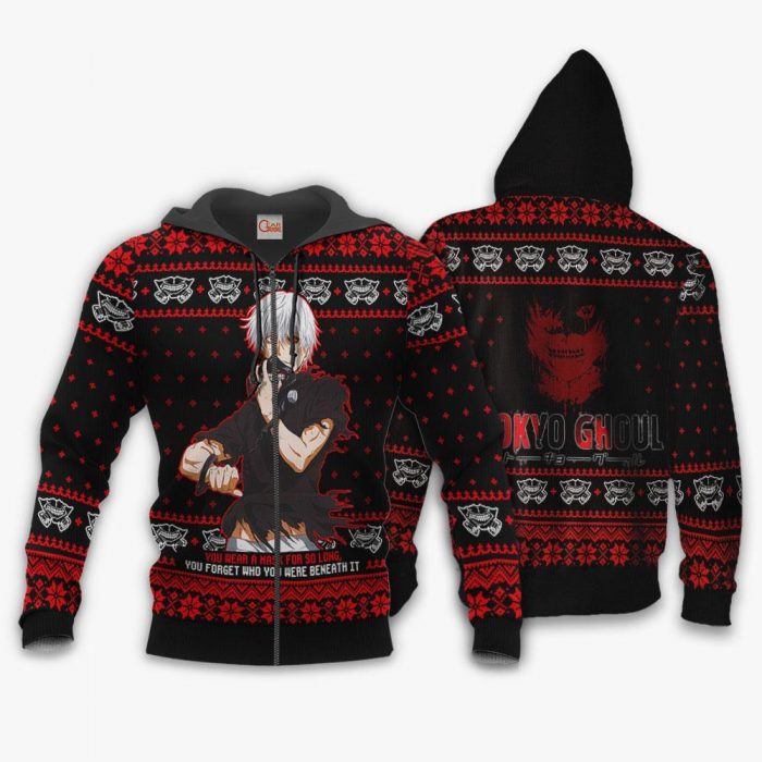 1102 AOP Kakeki Ken Ugly Christmas Sweater VA 1 Zip hoodie font and back n - Tokyo Ghoul Merch