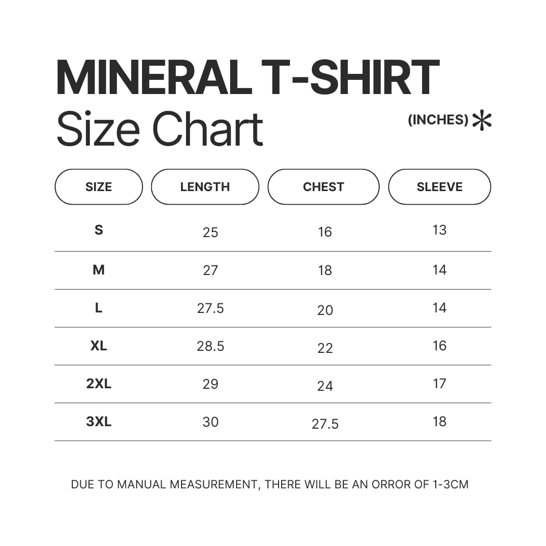 Mineral Wash T shirt Size Chart - Tokyo Ghoul Merch